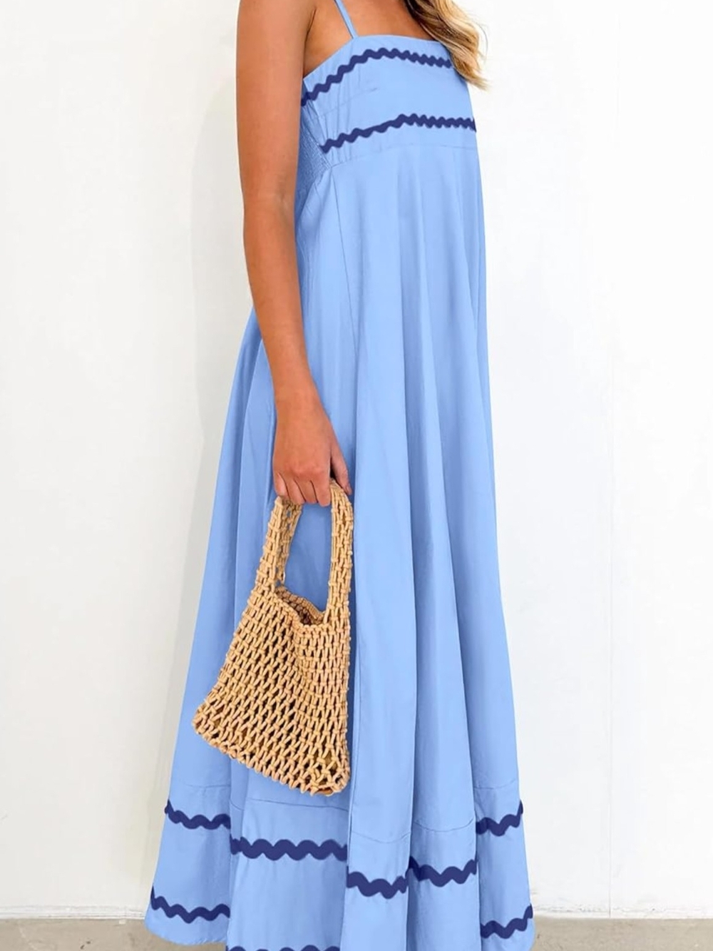 Light Blue Maxi Dress with Navy Trim - Picture 2 of 5
